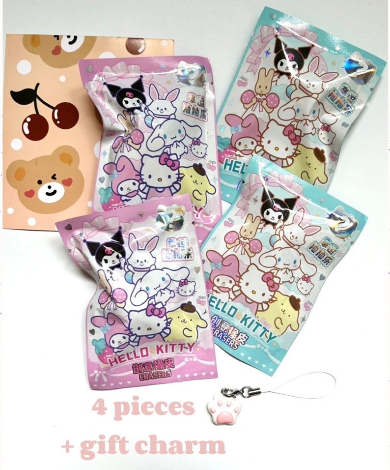 May include: Four pink and blue Hello Kitty themed bags of erasers with a Hello Kitty paw print charm. The bags have Chinese characters and the text "Hello Kitty Creative Erasers".