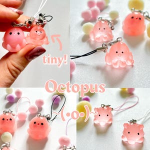 May include: Pink octopus charm keychains with a cute face and eight tentacles. The charms are attached to a string with a small metal ring. The text "tiny! Octopus ( .o.)" is visible in the image.