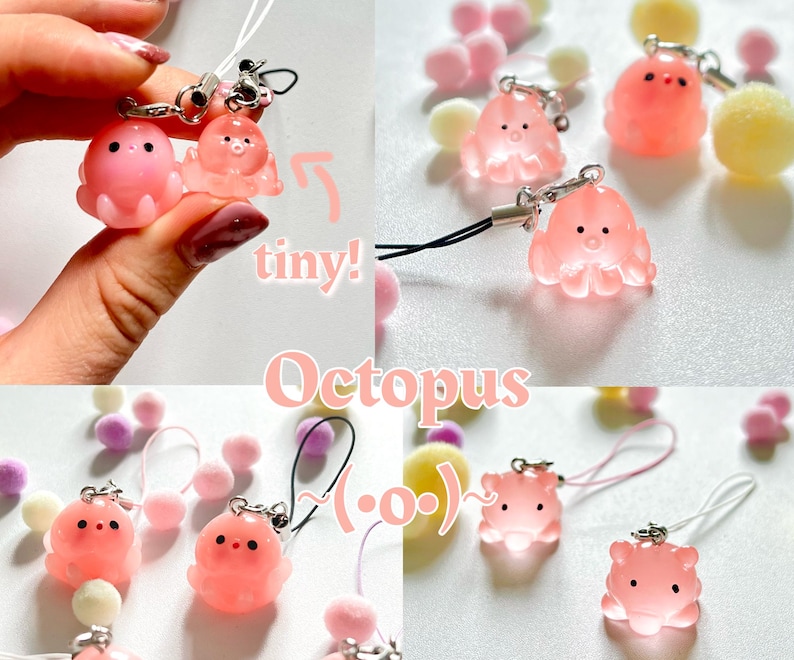 May include: Pink octopus charm keychains with a cute face and eight tentacles. The charms are attached to a string with a small metal ring. The text "tiny! Octopus ( .o.)" is visible in the image.