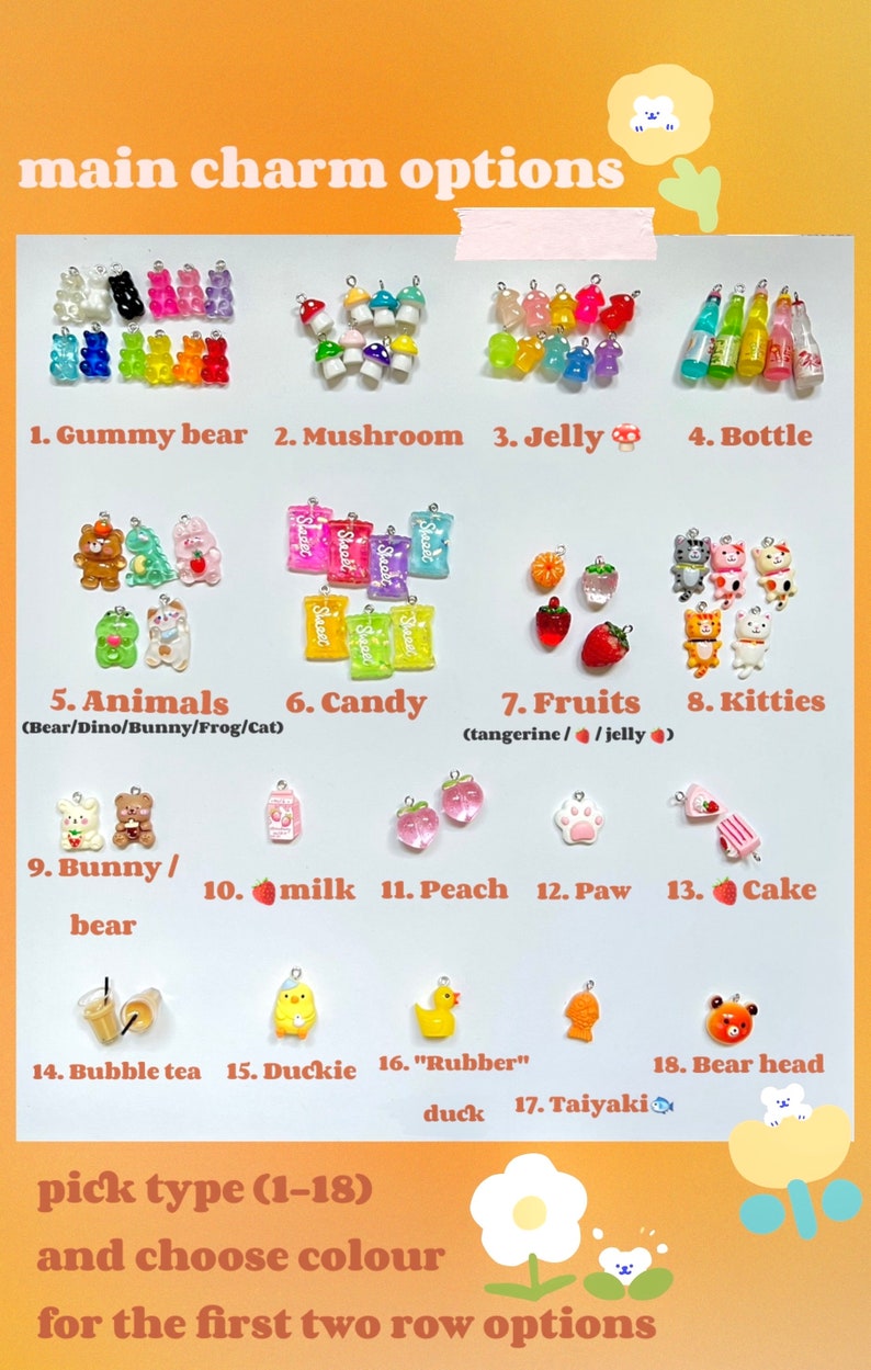 Op de afbeelding: Een tabel met 18 verschillende charmopties voor het maken van sieraden. De charms zijn gemaakt van hars en hebben verschillende ontwerpen, waaronder gummyberen, paddenstoelen, gelei, flessen, dieren, snoep, fruit, kittens, konijnen, melk, perziken, pootjes, cake, bubble tea, eendjes, rubberen eendjes, taiyaki en berenhoofdjes. De tekst op de tabel luidt "main charm options" en "pick type (1-18) and choose colour for the first two row options".