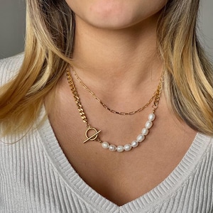 La Perla Chain Necklace - 18K Gold Plated Freshwater Pearl curb chain