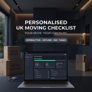 May include: A laptop displaying a digital moving checklist with a 68% completion bar, alongside cardboard boxes labelled NEW HOME and a set of keys. The screen text reads PERSONALISED UK MOVING CHECKLIST, YOUR MOVE. YOUR CHECKLIST, INTERACTIVE, OFFLINE, 100+ TASKS.