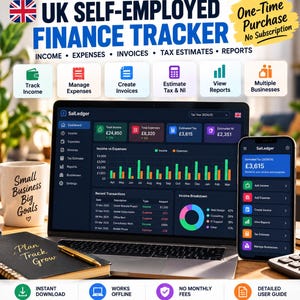 Pode incluir: Um rastreador financeiro para trabalhadores independentes no Reino Unido exibido num portátil e smartphone. A interface mostra rendimentos, despesas, estimativas de impostos e relatórios. O texto inclui UK Self-Employed Finance Tracker e SalLedger.