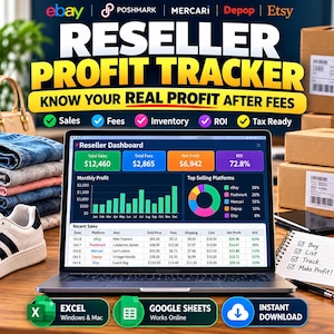 Könnte beinhalten: Ein digitales Reseller-Profit-Tracker-Dashboard auf einem Laptop-Bildschirm mit Diagrammen, Verkaufsdaten und Plattformstatistiken. Die Benutzeroberfläche enthält Textbeschriftungen für Verkäufe, Gebühren, Inventar, ROI und Steuerbereitschaft sowie Symbole für Excel und Google Sheets.