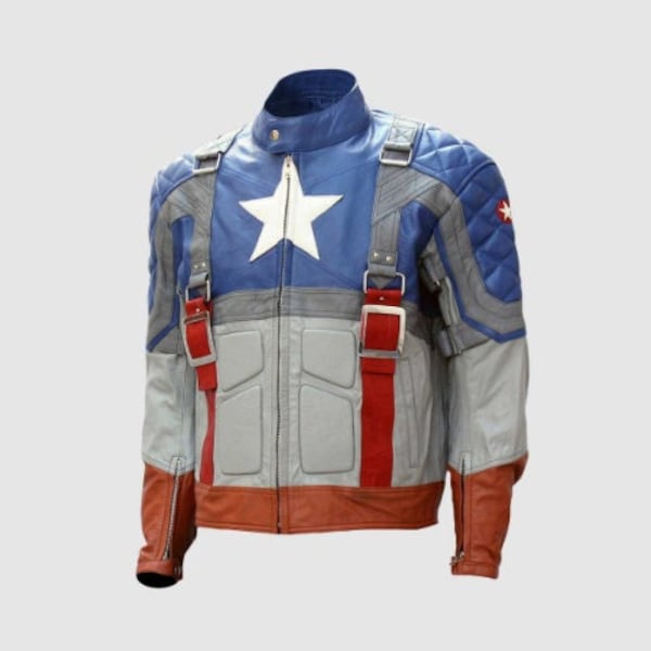 Captain America Multi Color Motorcycle Leather Jacket by Chris Evans, First Avengers Leather Jacket, Captain America Jacket By Steve Rogers.