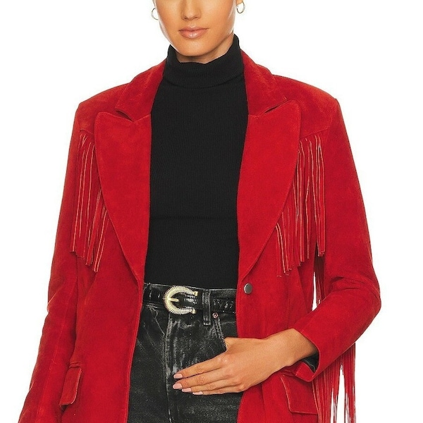 Red Genuine Suede Leather Fringed Western Tassel One Button Fringe Women's Leather Blazer Coat Gift For Her