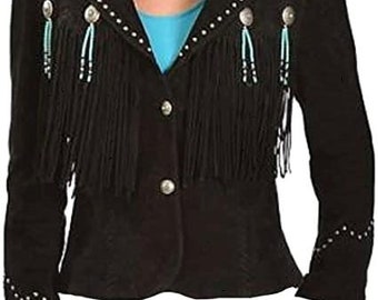 Women Western Style Fringed Genuine Suede Leather Fringe Jacket, Black Real Leather Cowgirl Fringe Tassel Suede Moto Jacket