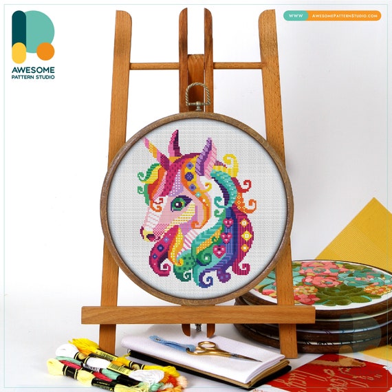  Funny Unicorn K488 Counted Cross Stitch KIT#3. Threads,  Needles, Fabric, Embroidery Hoop and Printed Color Pattern Inside. Embroidery  Pattern