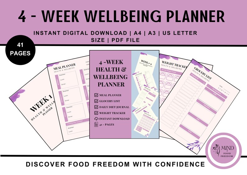 4-Week Health & Wellbeing Planner Meal planner Grocery list Diet Journal Weight Tracker image 1