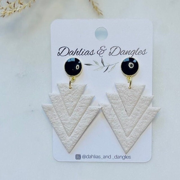 Triangle cream earrings |black studs|gold|dangle|polymer clay|handmade|DahliasandDangles