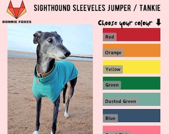 Handmade Sighthound Tankie Sleeveless Jumper | Greyhound Galgo Lurcher Saluki Sweatshirt PJs Coat | Red Orange Yellow Green Blue Pink Black
