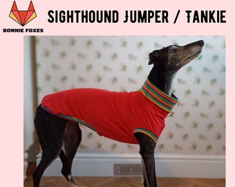 Handmade Sighthound Jumper Tankie  | Red Rainbow | Greyhound Whippet Galgo Lurcher Saluki Sweatshirt PJs T-shirt Coat | Custom | Rainbow