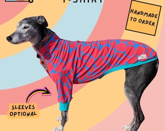 Made to Order: Cotton T-Shirt for Sighthounds | Red and blue giraffe print | Tankie T-Shirt Jumper PJs | Greyhound Whippet Iggy