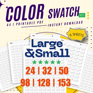 Peut inclure: Six feuilles de nuanciers imprimables pour organiser les couleurs de peinture. Les feuilles ont des carr&eacute;s grands et petits pour les &eacute;chantillons de couleurs. Les feuilles sont &eacute;tiquet&eacute;es avec les num&eacute;ros 24, 32, 50, 98, 128 et 153.