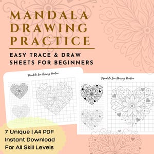 Peut inclure: Téléchargement numérique de feuilles d'exercices de dessin de mandala pour débutants. L'image montre deux feuilles avec des motifs de cœur et de fleur, avec le texte "Mandala Drawing Practice" et "Easy Trace & Draw Sheets for Beginners."