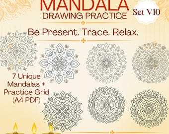Mandala Drawing Practice Set 10 – 7 Floral Line Art Templates + A4 Grid Page (PDF)