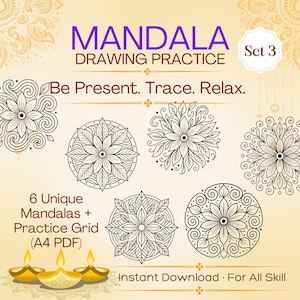 May include: A digital download featuring six unique mandala designs for drawing practice. The image includes the text "MANDALA DRAWING PRACTICE" and "Be Present. Trace. Relax." Also includes a practice grid in A4 PDF format. Suitable for all skill levels.