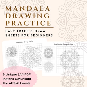 Puede incluir: Gráfico beige claro con el texto "MANDALA DRAWING PRACTICE" y "EASY TRACE & DRAW SHEETS FOR BEGINNERS". La imagen incluye varios diseños de mandala sobre papel cuadriculado, con el texto "6 Unique | A4 PDF Instant Download For All Skill Levels".