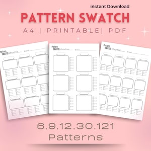 Op de afbeelding: Afdrukbare A4 PDF-patroonswatch-blad met zes lege vierkanten per pagina. Het blad is ontworpen om 6, 9, 12, 30 of 121 patronen te bevatten.