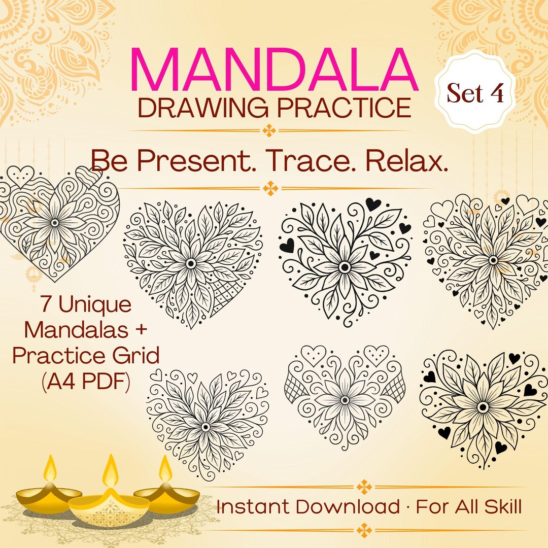 Mandala Drawing Practice Set 4 – 7 Floral Line Art Templates + A4 Grid ...