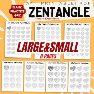 Zentangle Blank Practice Grid | Small and Large Tangle Templates | Printable Zentangle Worksheet | Heart Zentangle  blank