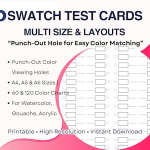Op de afbeelding: Witte kleurstalenkaarten met de tekst "SWATCH TEST CARDS" en "MULTI SIZE & LAYOUTS". Kenmerken zijn uitpons kleur kijkgaatjes, A4, A5 & A6 formaten en 60 & 120 kleurenkaarten. Voor aquarel, gouache en acryl.