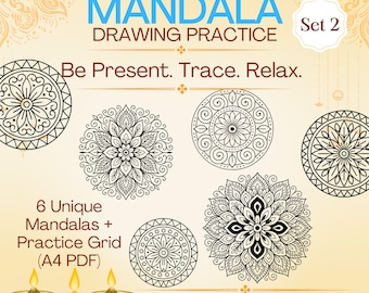 Mandala Drawing Practice Set 2 – 6 Floral Line Art Templates + A4 Grid Page (PDF)