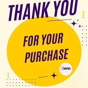 Peut inclure: Un cercle jaune avec le texte "Thank You For Your Purchase" en texte violet. L'arri&egrave;re-plan est jaune clair avec un motif de petits points violets et quelques &eacute;toiles jaunes.