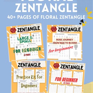 Puede incluir: Una descarga digital con diseños florales de Zentangle. La imagen muestra múltiples kits PDF imprimibles, incluyendo "Large & Small", "Rose Journey" y "Practice Kit for Beginners". Cada kit ofrece páginas para dibujar y practicar, con el texto "For Beginner".