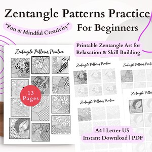 May include: A printable Zentangle patterns practice guide for beginners. The guide includes 13 pages of black and white Zentangle art for relaxation and skill building. Available for instant download in PDF format.