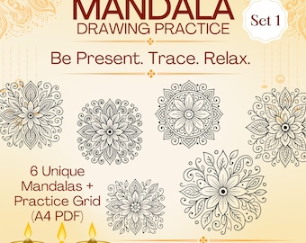 Mandala Drawing Practice Set 1 – 6 Floral Line Art Templates + A4 Grid Page (PDF)