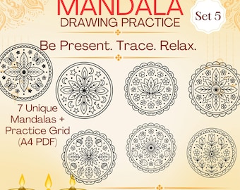Mandala Drawing Practice Set 5 – 7 Floral Line Art Templates + A4 Grid Page (PDF)