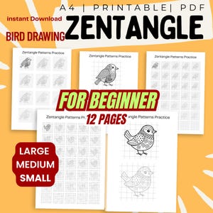 May include: Printable A4 Zentangle bird drawing practice sheets for beginners. The sheets feature bird illustrations with patterns and grid backgrounds. Includes the text "Bird Drawing", "For Beginner", and "12 Pages".