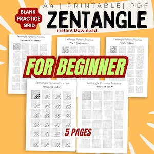Puede incluir: Un PDF imprimible A4 con patrones de Zentangle para principiantes. La imagen muestra cinco páginas con diferentes diseños, incluyendo "Easy Abstract Shapes" y "Fun Flower Garden". El texto "For Beginner" se destaca.