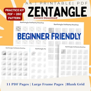 May include: A printable PDF practice kit for Zentangle art. The image shows several pages with Zentangle patterns, labeled "Beginner Friendly." The kit includes 280 patterns, large frame pages, and blank grids. The text "A4 | Printable | PDF" is also visible.