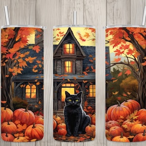 Seamless Cottage & Black Cat Design, Fall 20 oz Skinny Straight Tumbler Sublimation Design, Tumbler Wrap, PNG File, Digital Download
