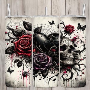 Seamless Grunge Goth Skull Heart & Roses Design, Skull 20 oz Skinny Straight Tumbler Sublimation Design, Tumbler Wrap, PNG Digital Download
