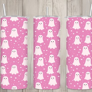 Nahtloses rosa niedliches Geistmuster, Halloween 20 Unze Skinny Straight Tumbler Sublimationsdesign, Tumbler Wrap, PNG-Datei, digitaler Download