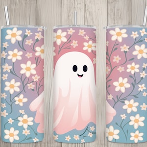 Nahtloses Pastell Ghost & Daisy Design, Halloween 20 Unzen Skinny Straight Tumbler Sublimationsdesign, Tumbler Wrap, PNG-Datei, digitaler Download