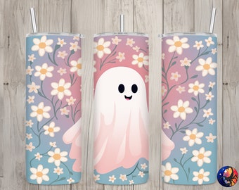 Seamless Pastel Ghost & Daisy Design, Halloween 20 oz Skinny Straight Tumbler Sublimation Design, Tumbler Wrap, PNG File, Digital Download