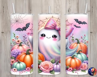 Seamless Cute Pastel Glitter Coquette Ghost & Pumpkin Design, Halloween 20 oz Skinny Straight Tumbler Sublimation Wrap, PNG Digital Download