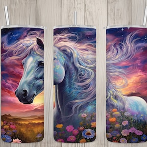Seamless Colorful Horse & Sunset Design, Horse 20 oz Skinny Straight Tumbler Sublimation Design, Tumbler Wrap, PNG Digital Download