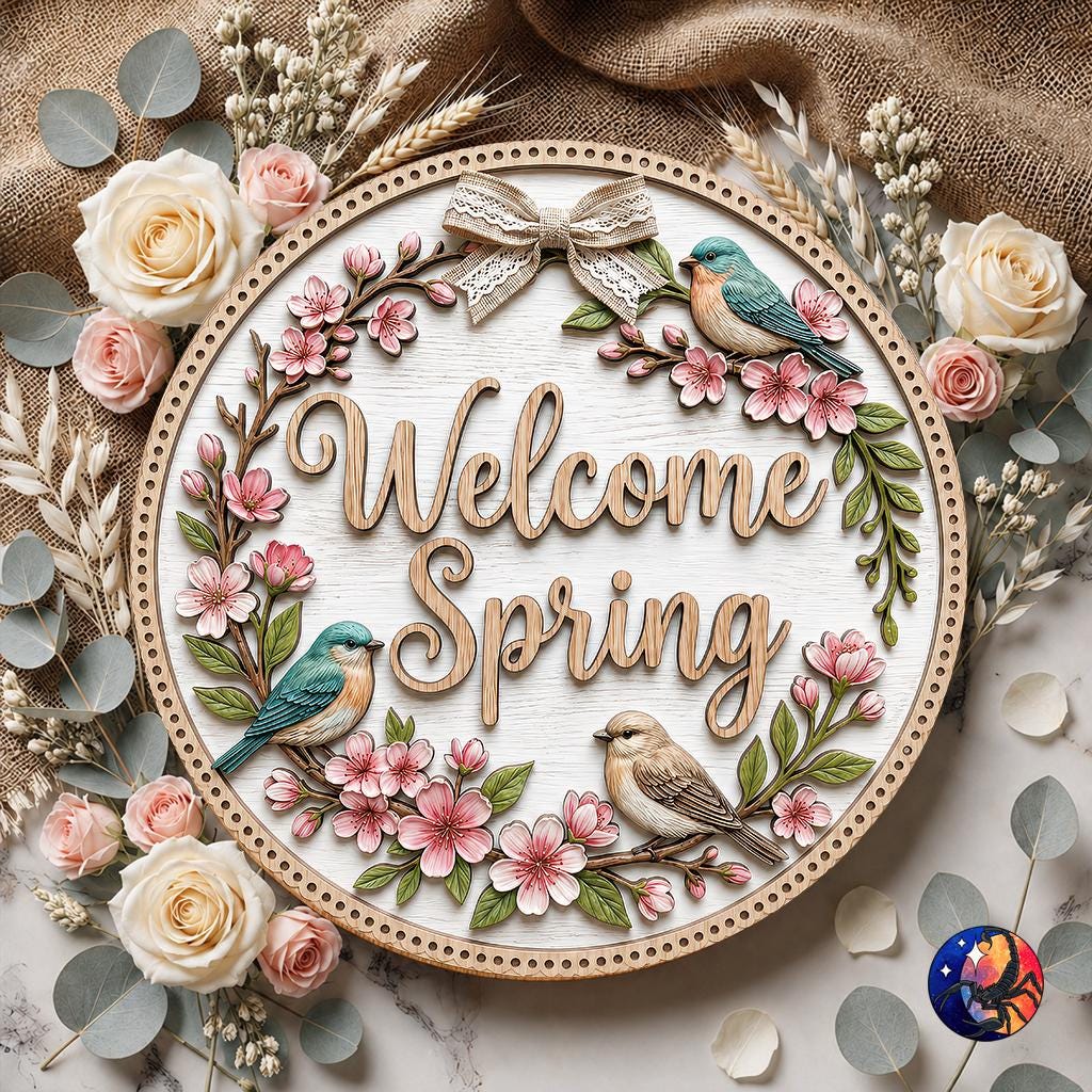 3D Welcome Spring Bird & Cherry Blossom Door Hanger PNG, Farmhouse ...