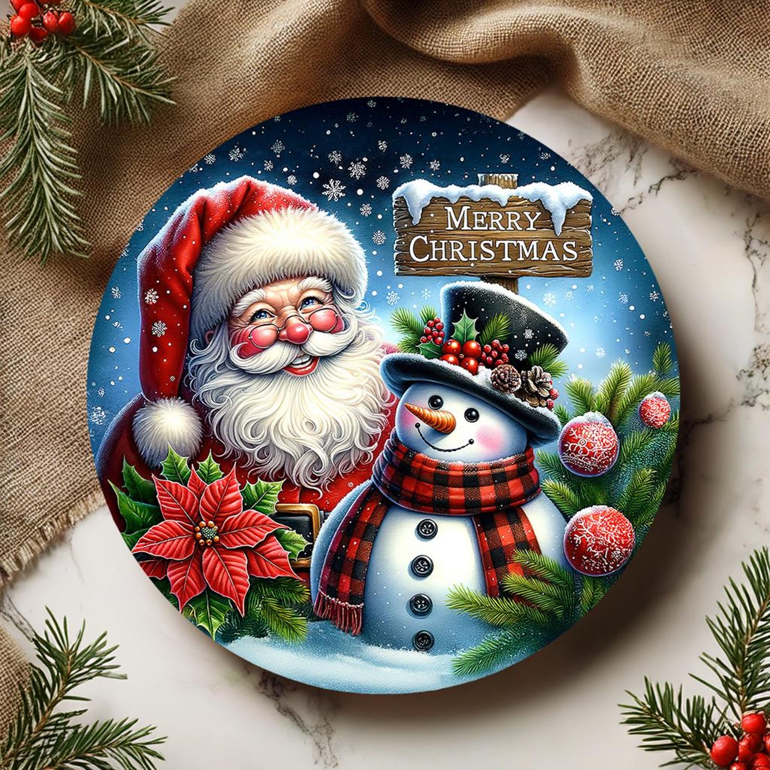 Merry Christmas Santa Snowman Sign Round Door Hanger Design, Christmas ...