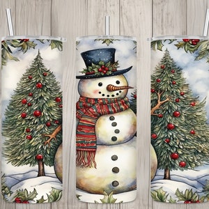 Design vintage de boneco de neve sem emendas, estampa natalina para copo térmico fino de 590 ml (20 oz), arquivo PNG, download digital.