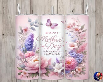 Diseño sin costuras "Feliz Día de la Madre, la mejor mamá del mundo", diseño de sublimación para vaso recto delgado de 20 oz, envoltura para vaso, descarga digital PNG