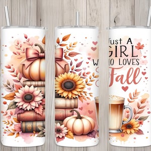 Könnte beinhalten: Ein weißer Becher mit einem Herbst-Motiv. Das Design zeigt Kürbisse, Sonnenblumen, Blätter und Bücher. Der Text auf dem Becher lautet "Just a girl who loves fall".