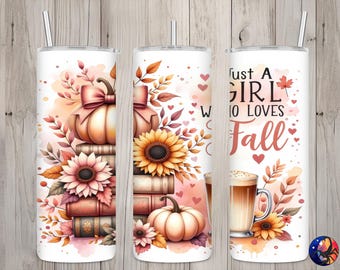 Seamless Just A Girl Who Loves Fall Book Lover Design, Autumn 20 oz Skinny Straight Tumbler Sublimation, Tumbler Wrap, PNG Digital Download
