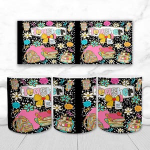 May include: White ceramic mug with a colorful design featuring the word "Teacher" in a playful font. The design includes books, backpacks, flowers, and smiley faces on a black background. A matching notebook is also visible.