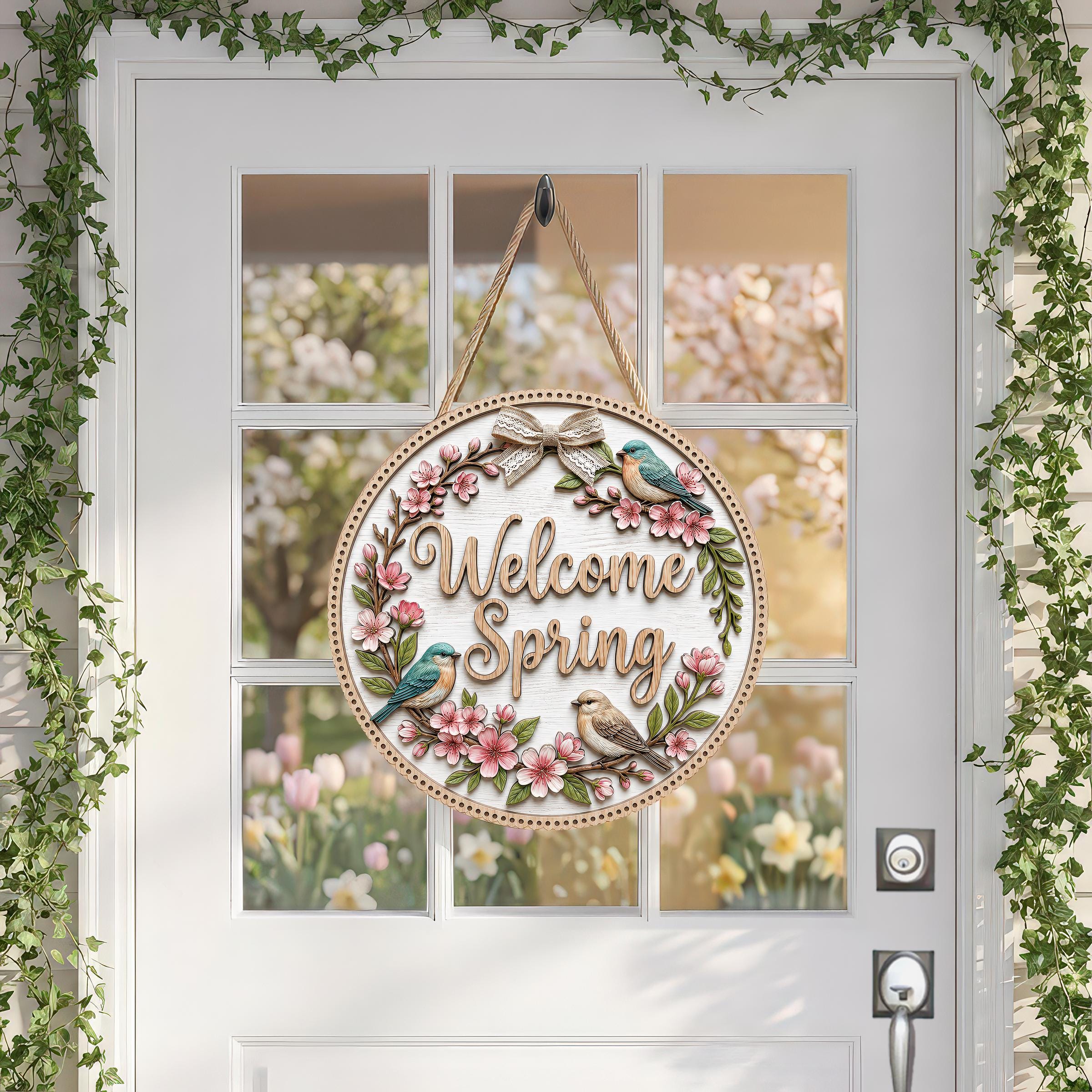 3D Welcome Spring Bird & Cherry Blossom Door Hanger PNG, Farmhouse ...